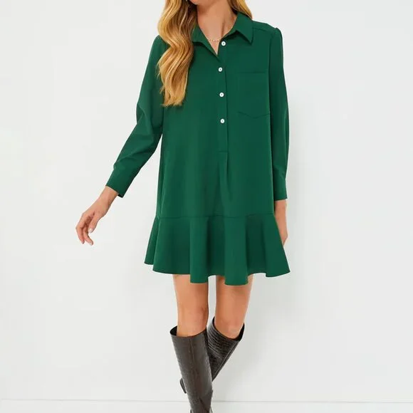 Tuckernuck Hunter Green Crepe Callahan Dress Size Small Swing Shirt Pockets - Picture 2 of 10